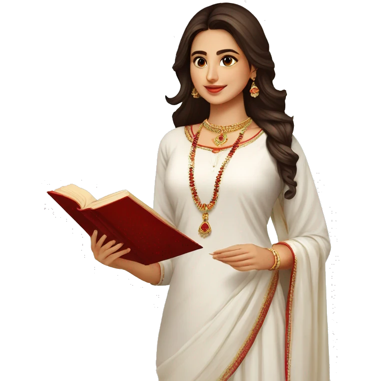 A modern women wearing white Kurti no embroidery red dupatta no jewellery and book in hand emoji
