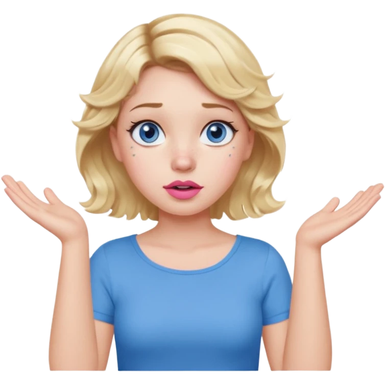 Girl Blonde short wavy hair,  blue eyes, cute blue top, long lashes, pink lips, confused, shrugging hands raised emoji