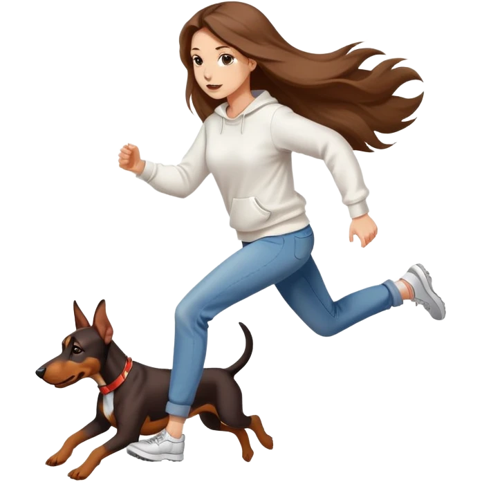 A beautiful girl with long hair wearing a white sweatshirt and jeans is running with a Doberman emoji