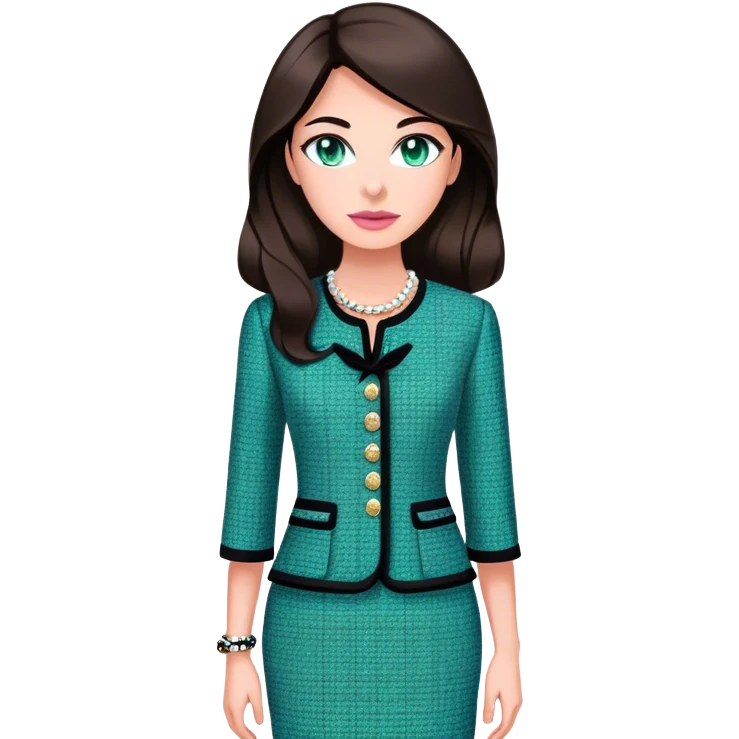 a 30 year old female venture capitalist with 50% greek and 50% american genes, 6 ft tall, long dark brown hair and blue/green eyes, wearing a chanel tweed professional dress - no collar, no tie, just a pink tweed chanel chic dress, dark tan skin emoji