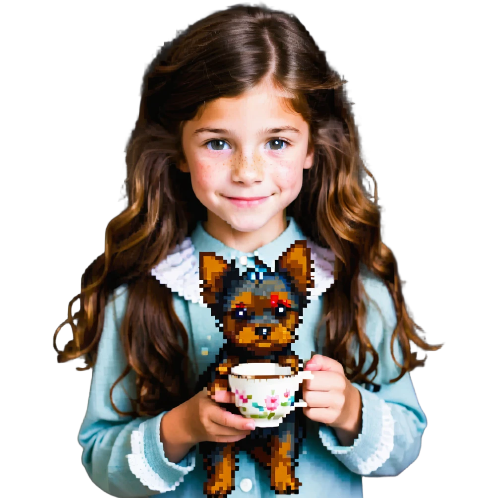 11 year old girl with freckles and long wavy brown hair, holding a teacup yorkie dog emoji
