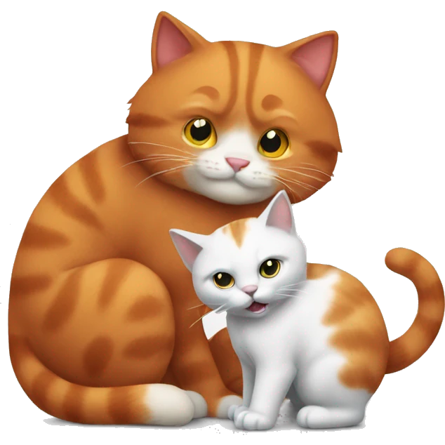 A big red cat playing with a small white-gray cat emoji