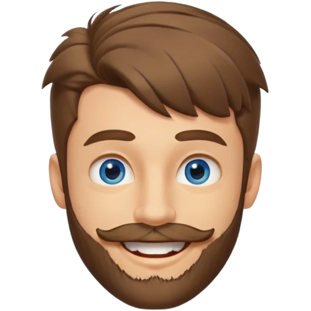 25 year old man, short scruffy beard and sparse moustache, brown puffy mullet, blue eyes, big smile, white teeth, big lips, pronounced jaw, hair longer in back, sticking up on top emoji