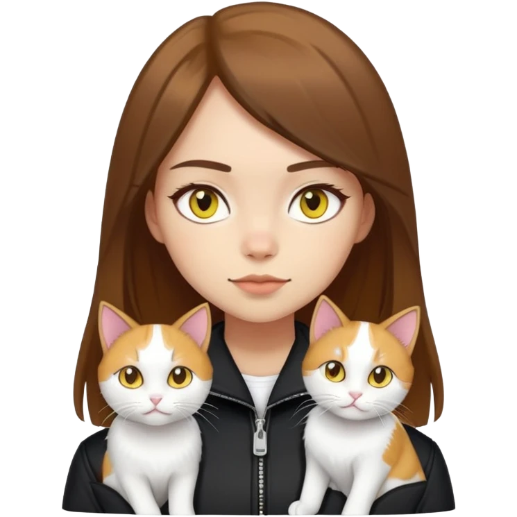 Light-skinned girl with brown straight hair wearing a black jacket, with a pure white cat with yellow eyes and a calico cat emoji