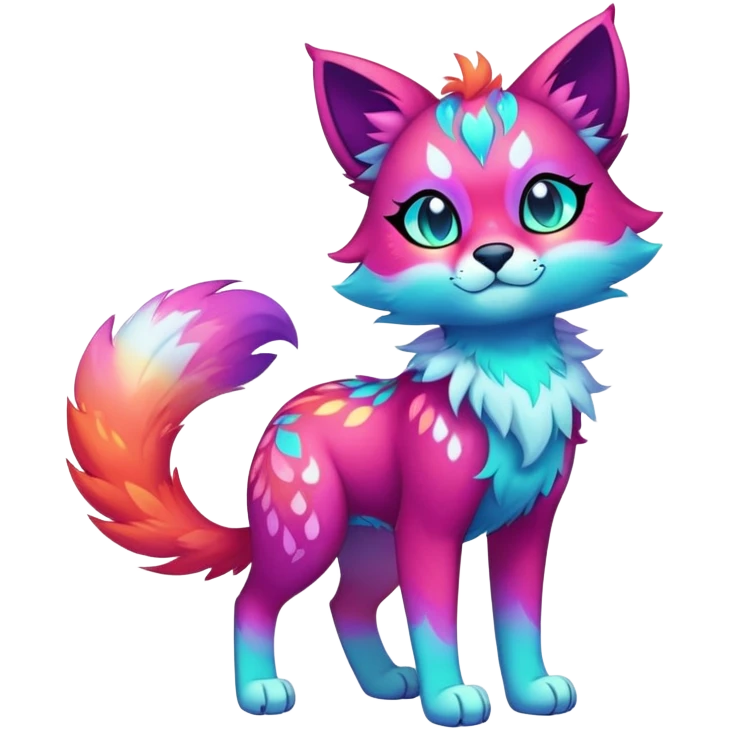 Vibrant multicolored neon-colored Falvie-Fionbri-creature-sparkle-feline-canine-hybrid-fursona, full body, fur pattern-markings emoji