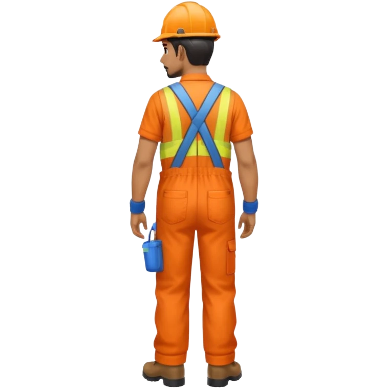 Indian male railway engineer orange overalls, boots walking back view emoji