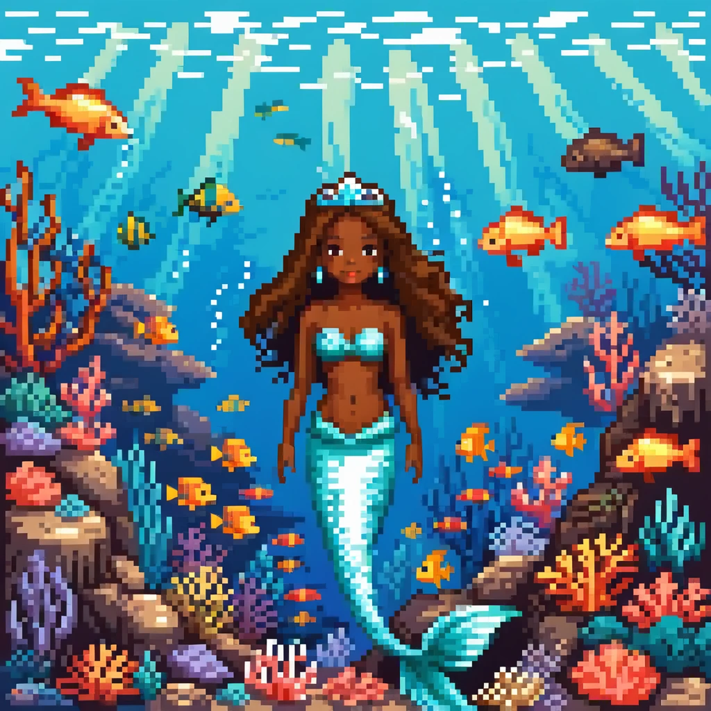 Dark brown skin beautiful mermaid princess in ocean setting with coral reef and fish emoji