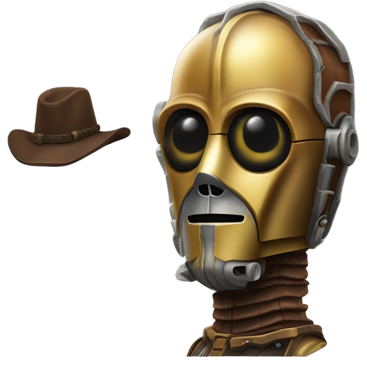 wild west Bounty hunter C3po wearing small hat relaxed pose bearded rusty emoji