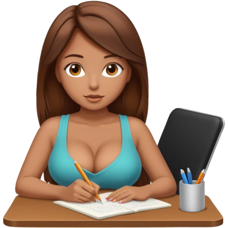 Sexy girl with brown hair and big boobs is writing a dissertation  emoji