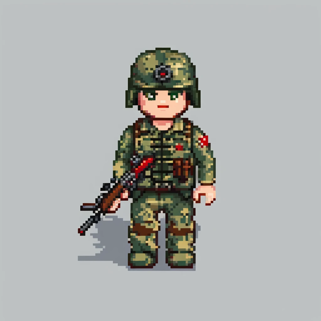 robloxian military man, very blocky body, classic roblox avatar proportions, camouflage uniform, helmet, holding toy rifle, simple background emoji