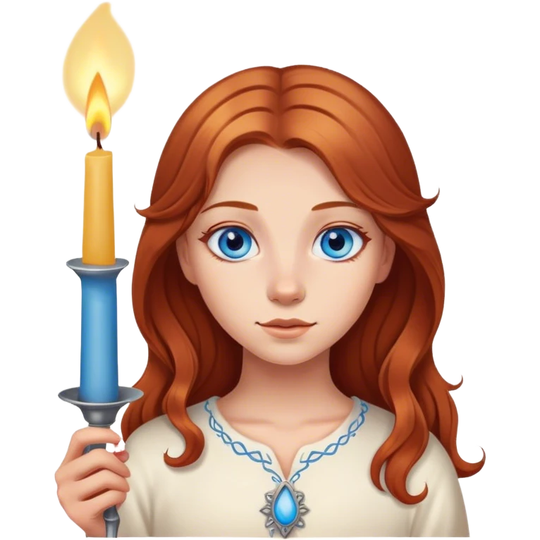 Девушка с коричными волосами и голубыми глазами держит свечу  emoji