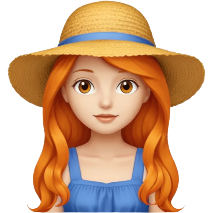 girl_wearing_summer_hat, orrange long hair, blue dress emoji
