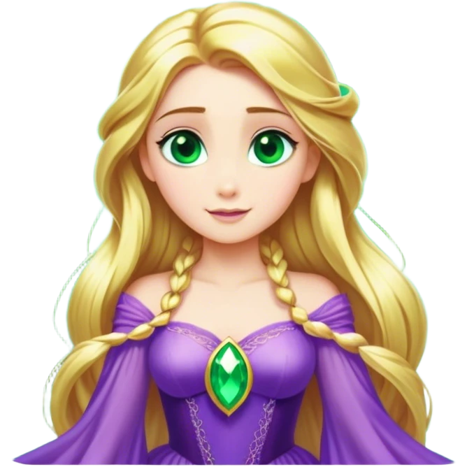 Cinematic Stunning Rapunzel Portrait Emoji, Golden hair cascading in a luminous waterfall, big emerald-green eyes full of wonder, wearing her iconic purple gown, radiating beauty and magic, glowing with fairy-tale charm! emoji