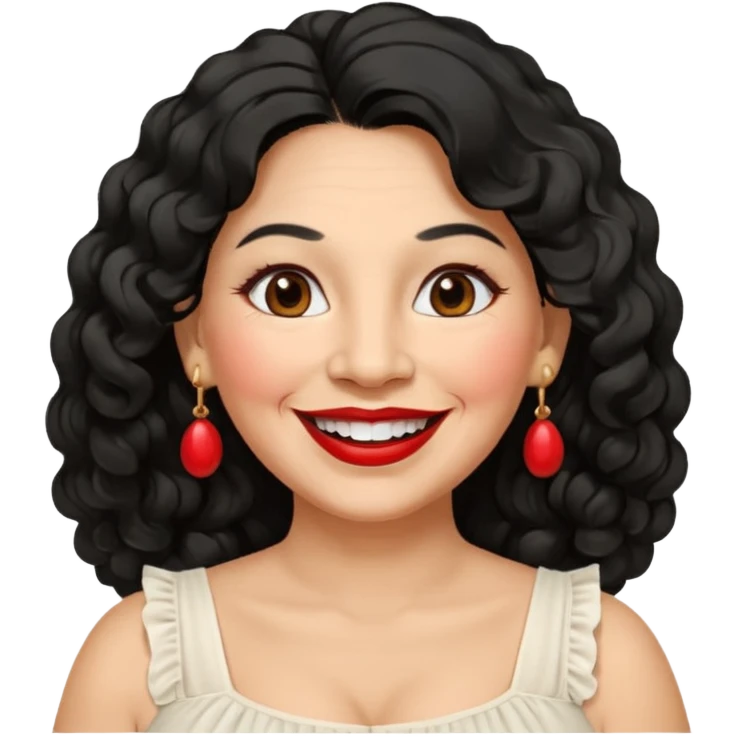 60 yr old peruvian woman, slightly chubby, wavy/curly long black hair, red lipstick, big smile, white teeth, brown eyes, hoop earings, side part to hair, round face, pretty white dress emoji