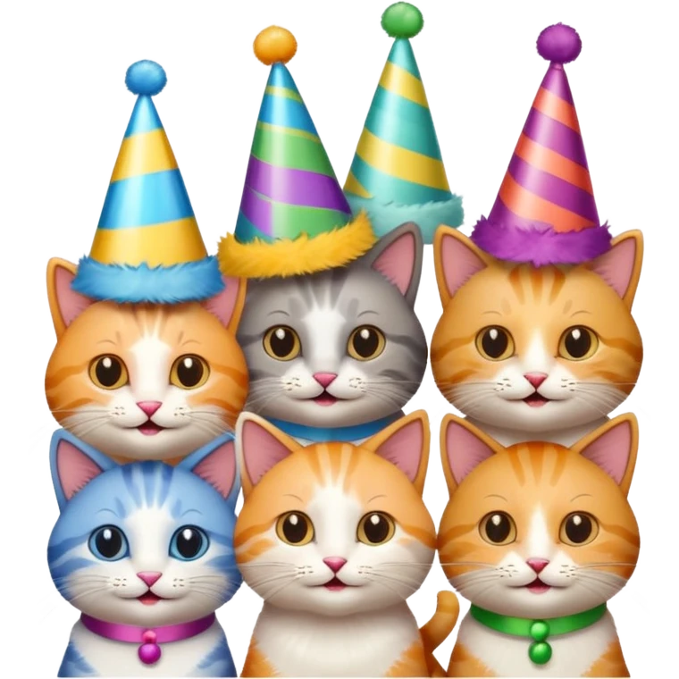  3 happy cats wearing party hats emoji
