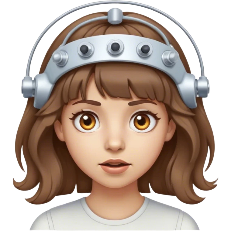 girl with light skin tone wavy brown hair and bangs wearing electrodes on her head crazy eyes emoji