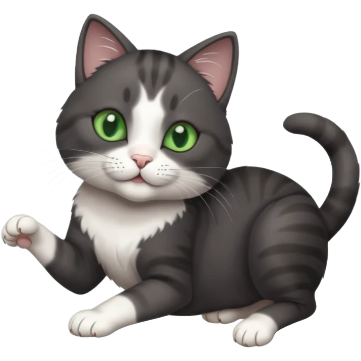 beautiful female solid dark grey cat with green eyes, white toes/paws and white patch on her chest playfully rolling upside down emoji