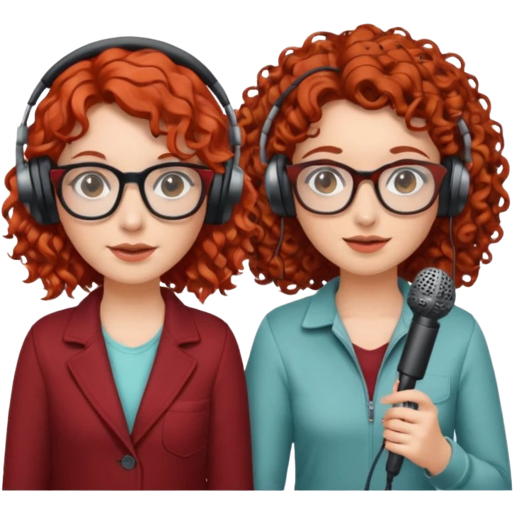two girls. both white. one with curly red hair and glasses. one with curly brown hair without glasses. there are headphones and microphones for doing a podcast emoji