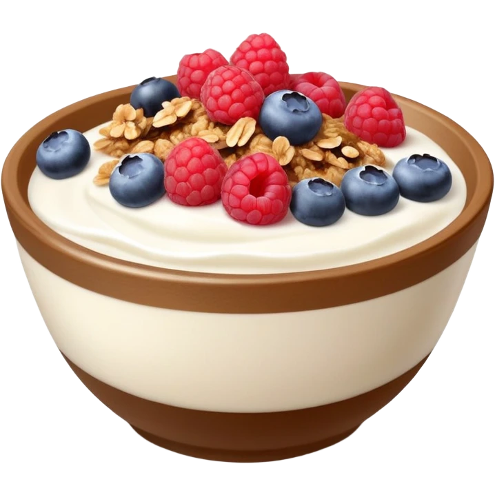 yogurt brown bowl with raspberries, blueberries and granola  emoji