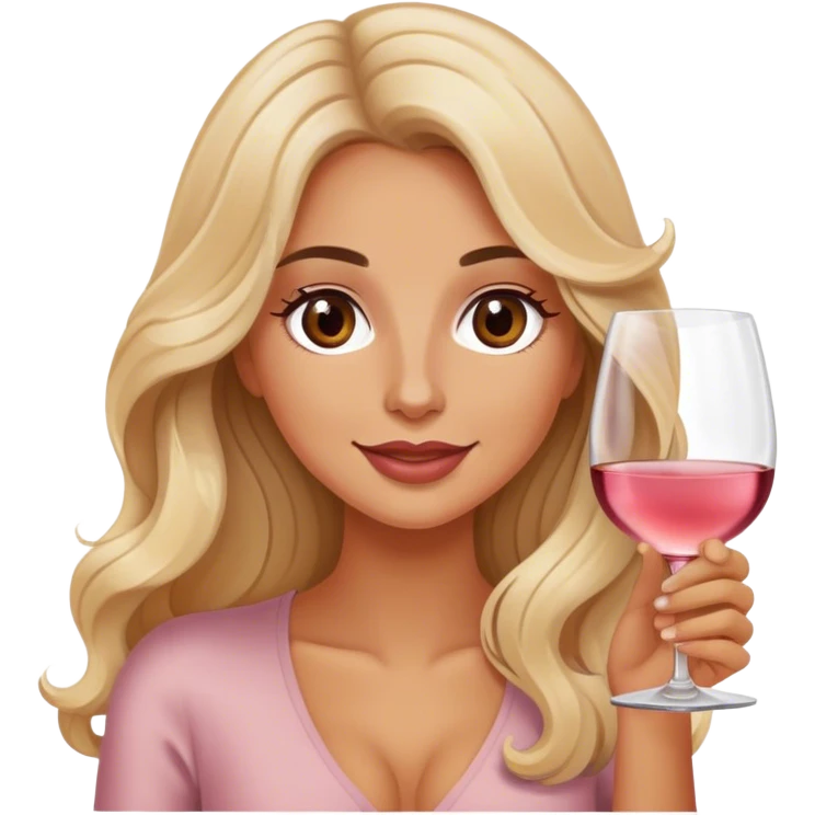 Blonde model with brown eyes, long wavy hair, wine tasting rosé emoji
