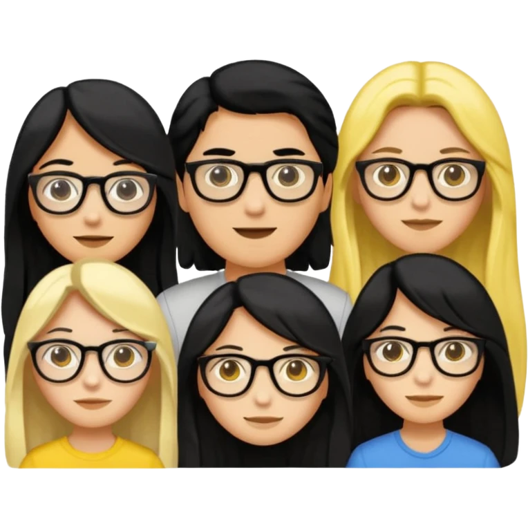 4 persons， 2 female， 2 male, 2male in the middle and 2 female in the side, one female wearing glasses and is black hair, yellow skin, both female are long hair emoji
