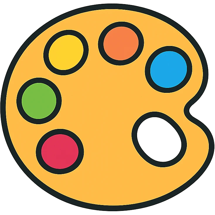 Colorful artist's palette with vibrant paint blobs and a thumb hole. Colorful outlined icon style with transparent background. emoji