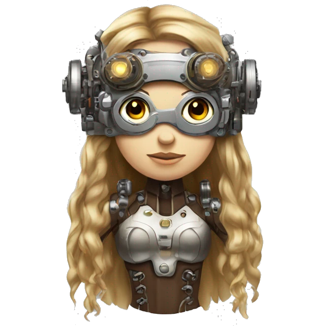 Brown long hair with blonde steaks female cyborg head, fair skin, steampunk goggles and circuits emoji