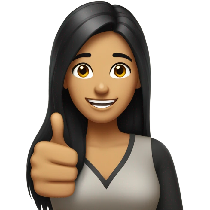 Long black haired tan woman with big hazel eyes giving sarcastic thumbs up emoji