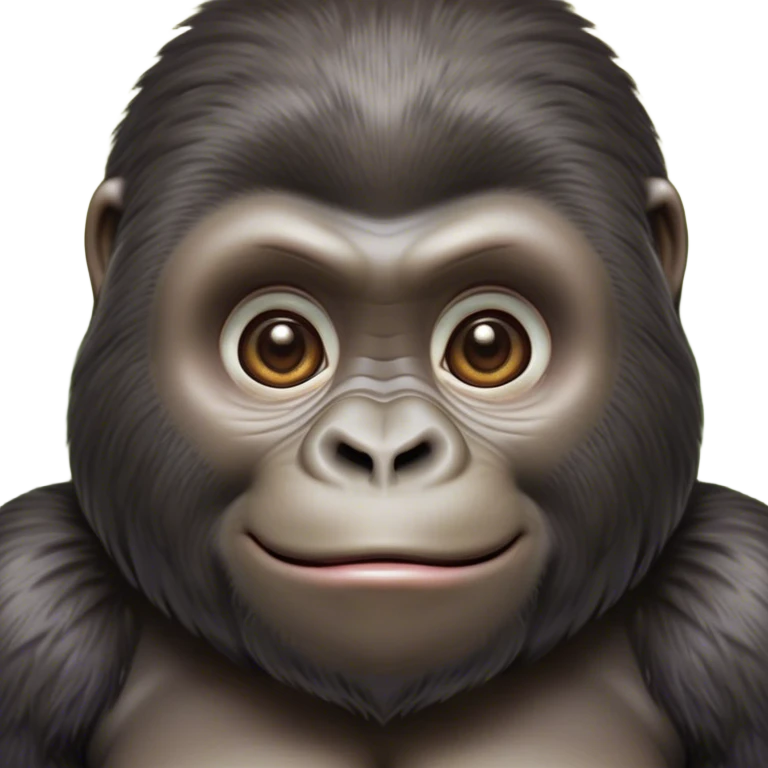 Cinematic Cute Gorilla Portrait Emoji, Head tilted playfully and inquisitively, with a robust, endearingly soft face accented by tender fur and round, sparkling eyes full of warmth, Simplified yet irresistibly adorable features, highly detailed, glowing with a warm, friendly jungle glow, high shine, affectionate and lively, stylized with a touch of whimsical charm, soft glowing outline, capturing the essence of a mischievous yet loving gorilla that feels like it could lumber out of the screen into your arms! emoji