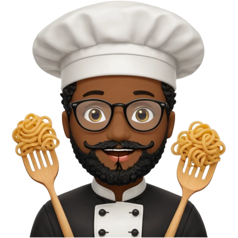 CHEF CON PELO NEGRO RIZO Y BARBA NEGRA, OJOS MARRON OSCURO Y GAFAS DE PASTA NEGRAS. SONRIE Y TIENE MARCAS DE BESOS CON FORMA DE LABIOS EN LAS MEJILLAS (COMO MANCHAS DE PINTALABIOS) emoji