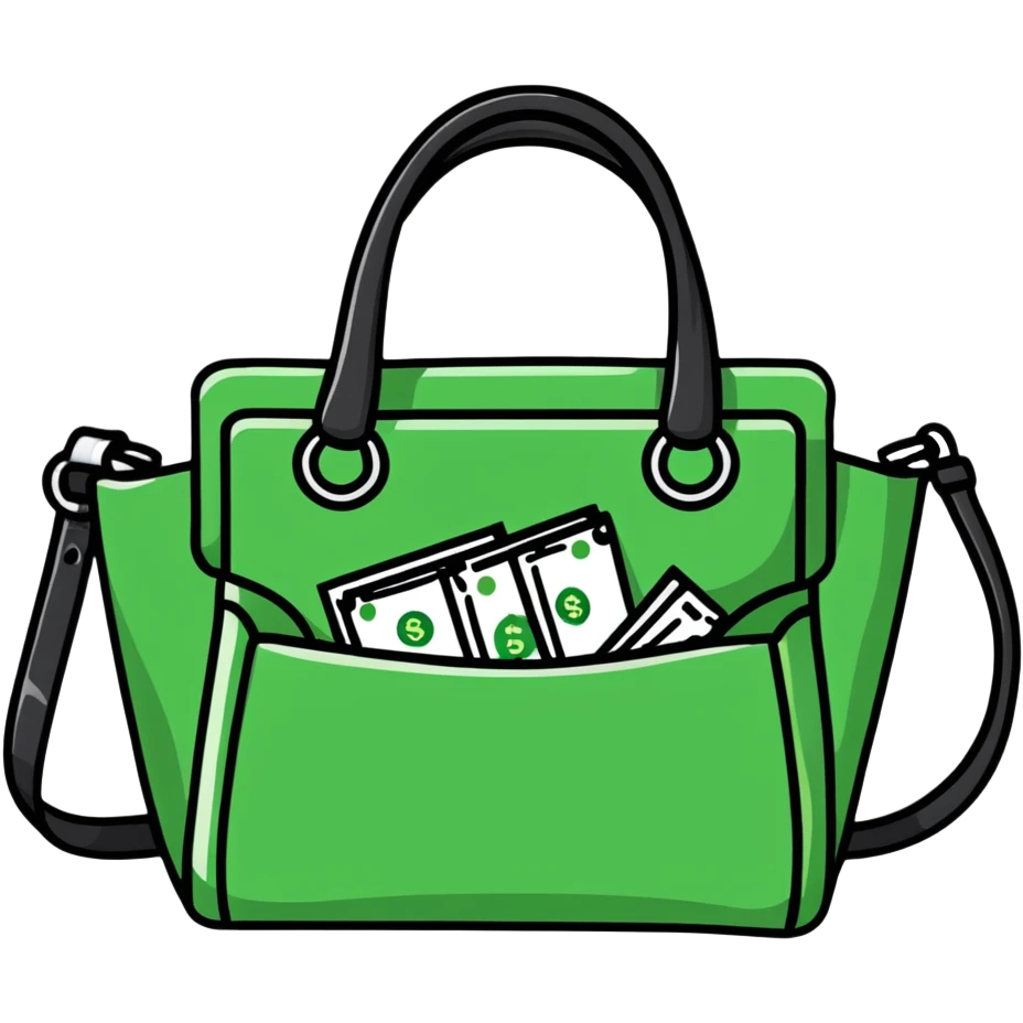 black leather handbag with dollar bill visible inside emoji