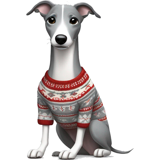 Grey whippet in a fair isle jumper playing emoji