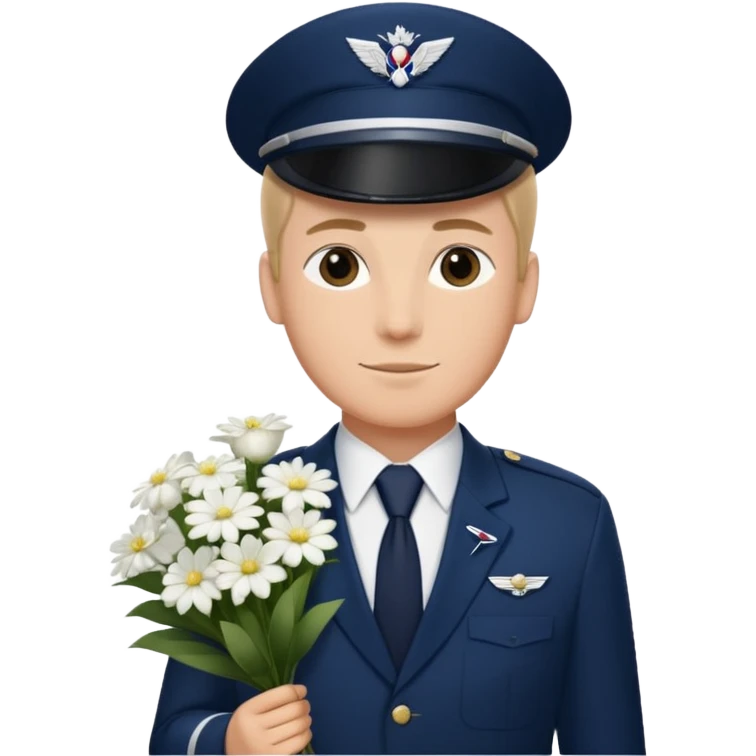 Homme avec bouquet fleurs blanches, avec uniforme bleu foncé cravate rouge comme Air France  emoji