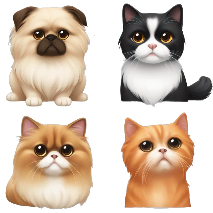A pekingese dog, 1 orange cat, 1 tuxedo cat and 2 domestic cats sitting together emoji