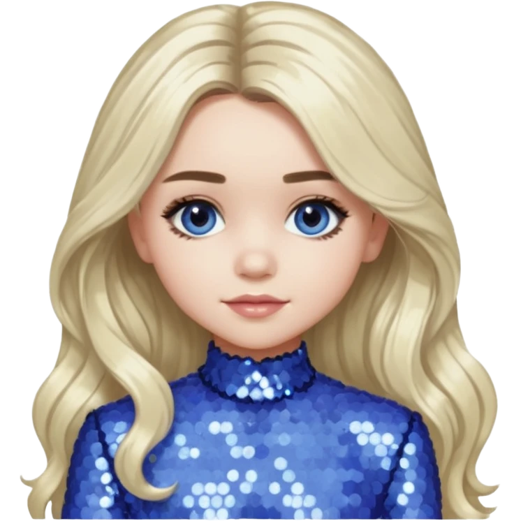 Sabrina Carpenter with long platinum blonde hair, periwinkle sequin outfit emoji