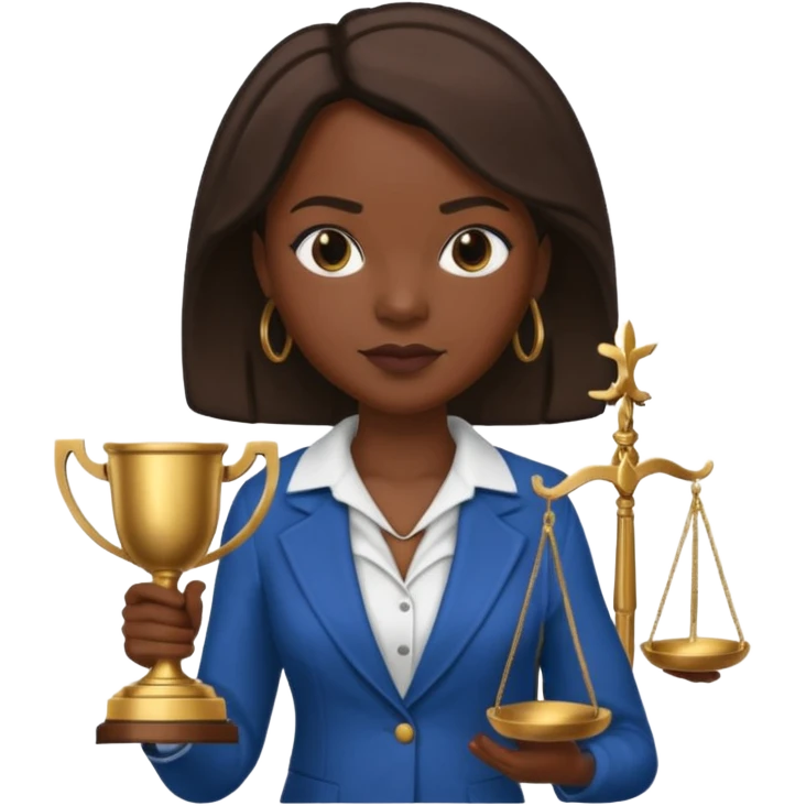 Black teacher/professor looking like the fictional character Annalise Keating from How To Get Away With Murder, holding a statue of justice and with a school board in the background emoji