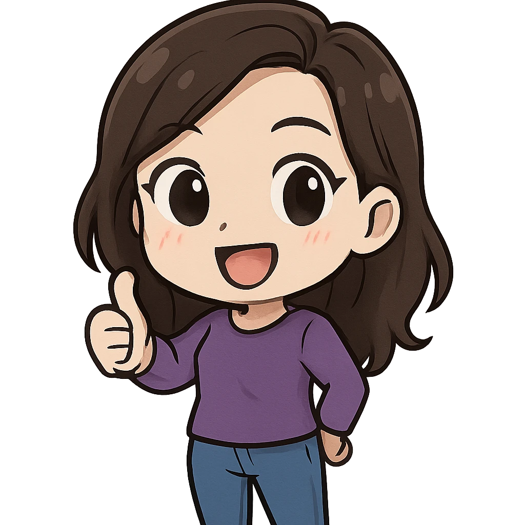 chibi emote of a woman in a purple blouse and jeans, giving thumbs up, no headband, no sparkles, no wand, transparent background emoji