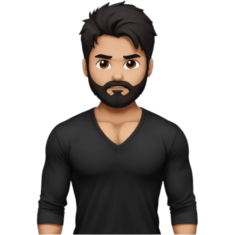 generate a pretty bratz Shahid kapoor with heavy beard and looking angry.
Make him wear a black full sleeve v neck tshirt. muscular but still lean
He shoudl look like shahid kapoor. Long messy black hair emoji