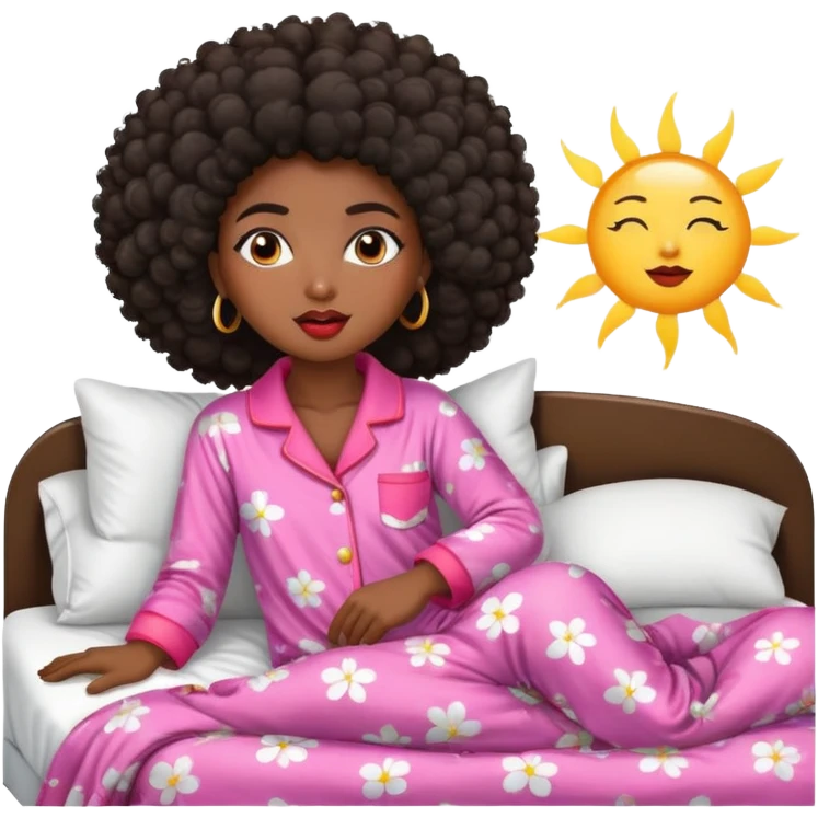 Black girl dark skin with afro Hair wake up of her bed in the morning whit the Sun. She has big lips and a beautiful pijama emoji