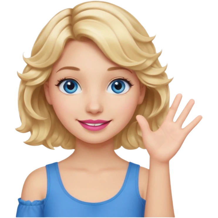 Girl Blonde short wavy hair,  blue eyes, cute blue top, long lashes, pink lips, smiling, one hand palm up emoji