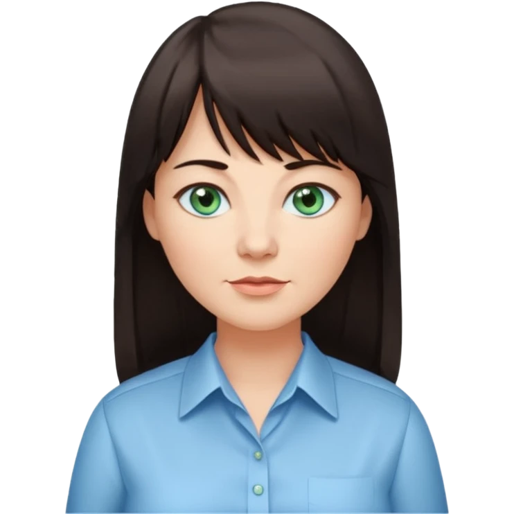 50 yr old woman, blue green eyes, long straight dark brown hair, business shirt, chubby, bangs emoji