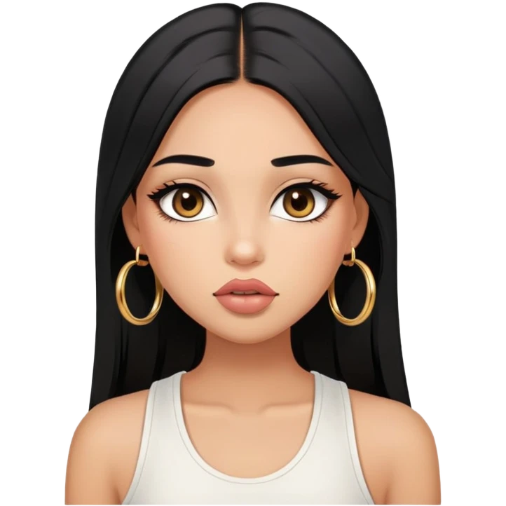 Tan-skinned girl, long straight black hair center-part, big brown eyes, gold hoops, white tank, prominent blush, sassy, big lips, makeup emoji