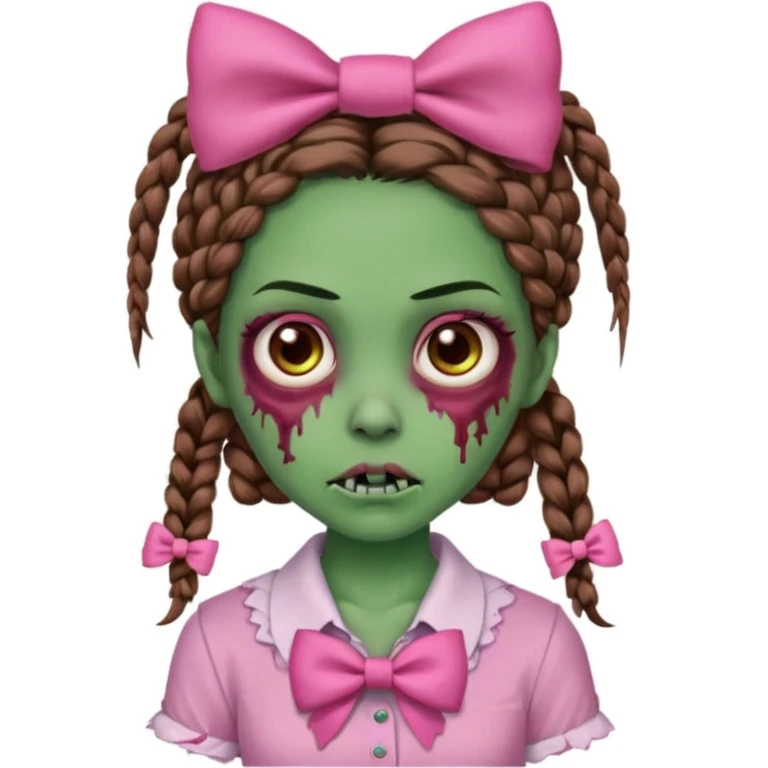 Garota zumbi com pele verde, tranças castanhas no cabelo, olhos castanhos, laço rosa na cabeça e camisa rosa emoji