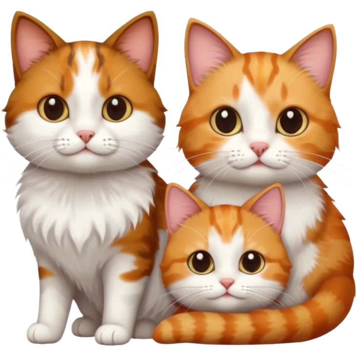 3 different coloured small cats including a dark brown tabby and white, and a patchy calico, and a ginger and white emoji