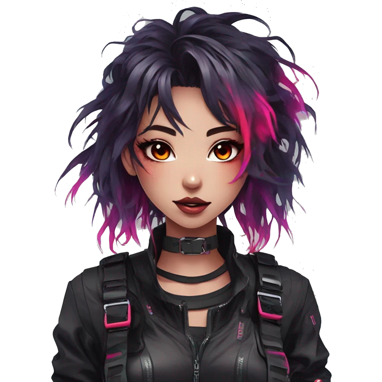 Gorgeous bright colorful neon techwear anime style lady with blushing face aesthetic and pretty edgy black red punk messy hair with collar and harness trending style emoji