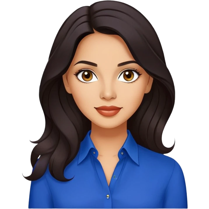 Lynette Torres, Puerto Rican actress with olive-tan complexion, beautiful facial features, bright expressive eyes, defined cheekbones, full lips with warm smile, long flowing dark hair, wearing a stylish blue blouse emoji