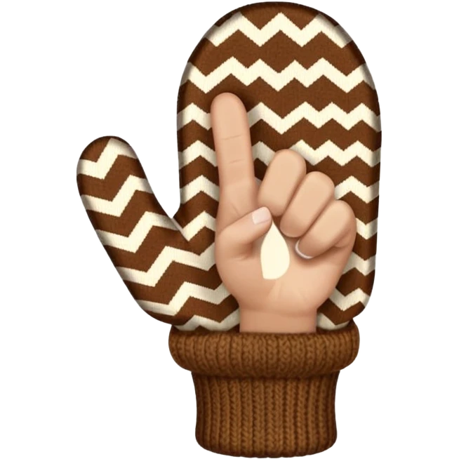thumbs up fist in brown knit mitten with zig-zag beige pattern, no face emoji