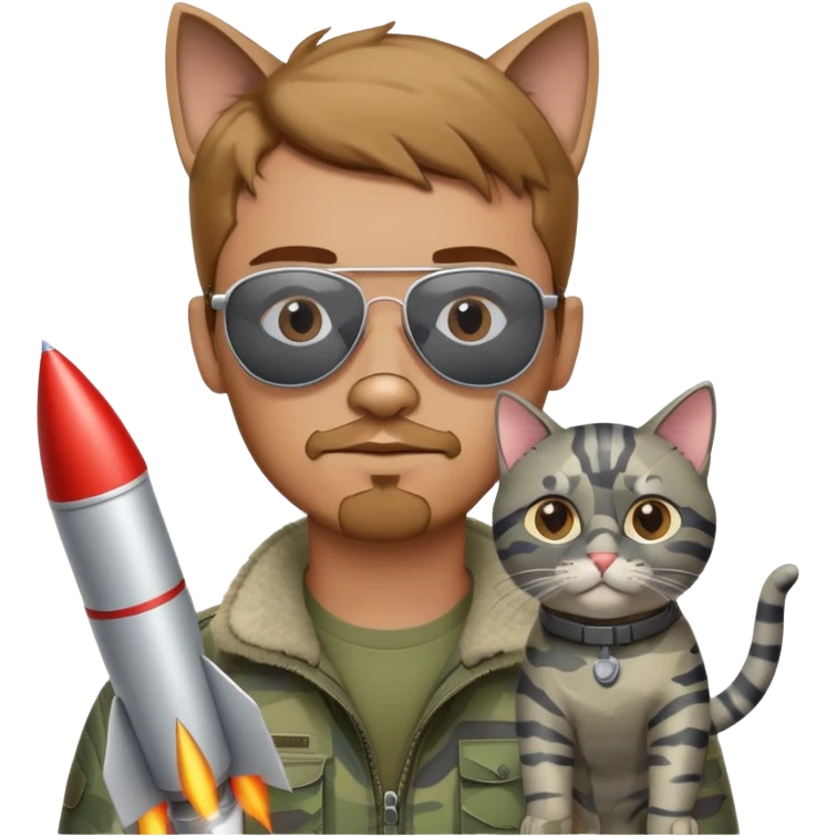 A man with short light brown hair with little beard, in aviator sunglasses, with grey cat in camouflage, making rockets emoji