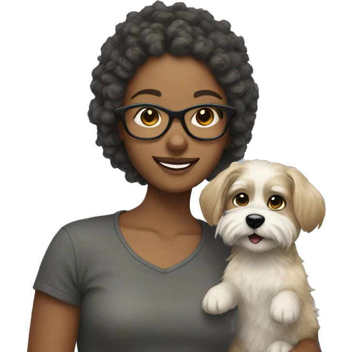 smiling girl with dark blonde hair and glasses holding a scruffy dog with gray and blonde fur emoji