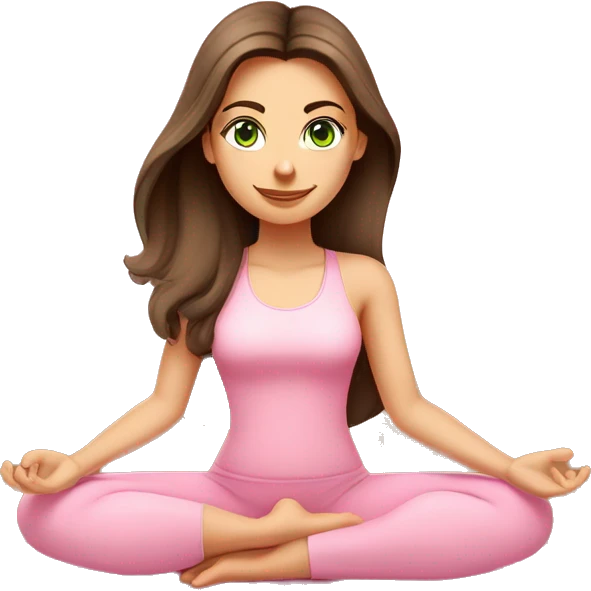 Brunette long hair and green eyes yoga beautiful girl in light pink pink pink clothes sitting on a yoga mat emoji